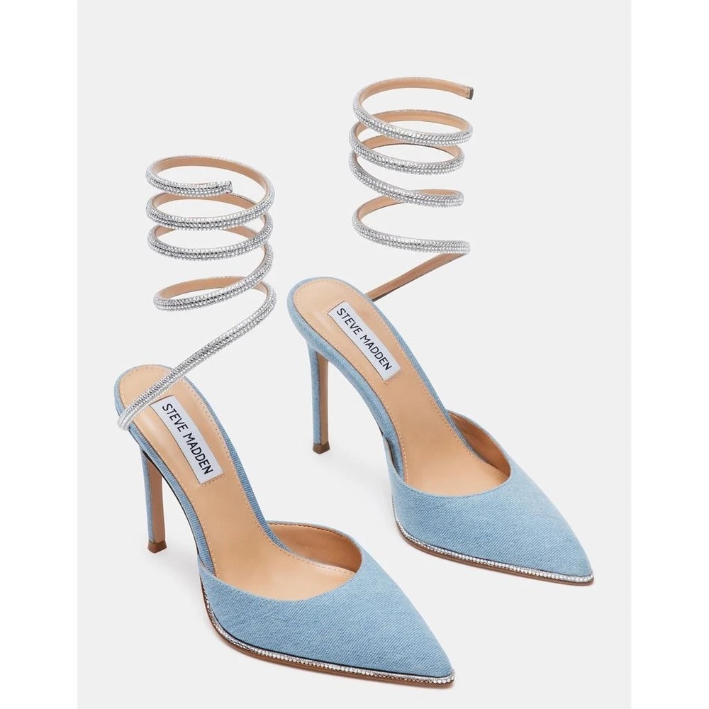 Steve Madden Light denim Emerson-V Rhinestone Ankle Wrap Dress Pumps sz 8M